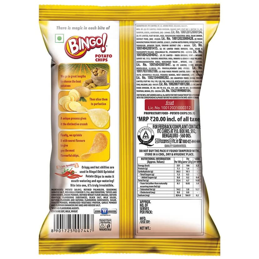 Bingo Original Style Chilli Sprinkled Flat Cut Spicy Potato Chips, 45G view 2