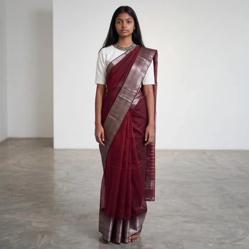 Handwoven Mangalgiri Silk-Cotton Saree in Wine Red with Temple Border