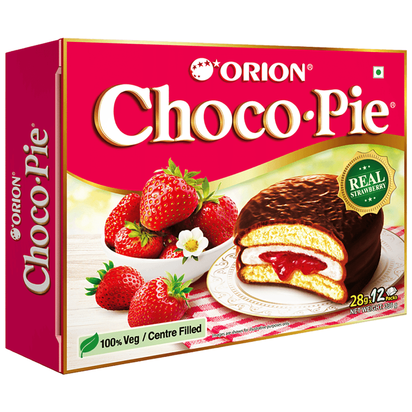 Orion Choco Pie - Centre Filled Biscuit, Soft, Real Strawberry Flavour, 336 G Box
