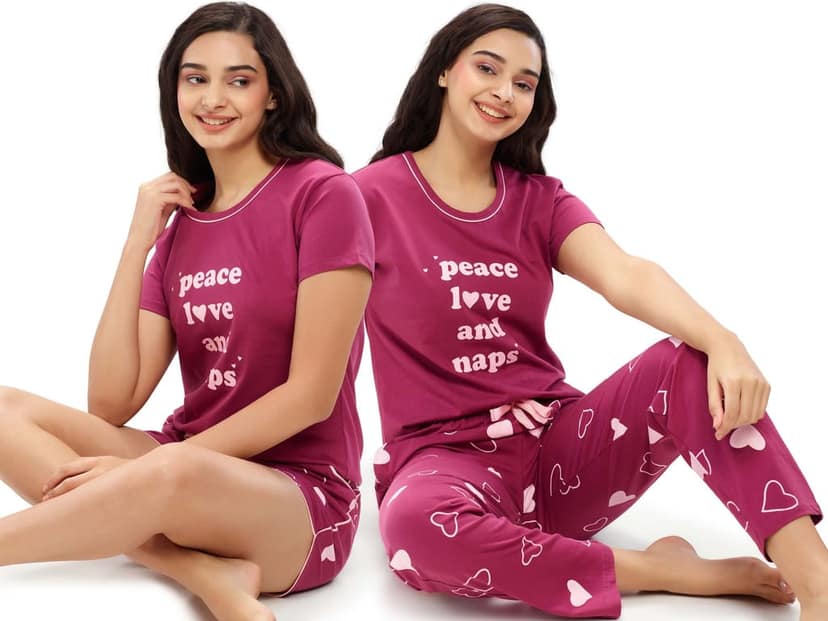 ZEYO Women's Cotton 3PCS Red Heart Printed Night suit set