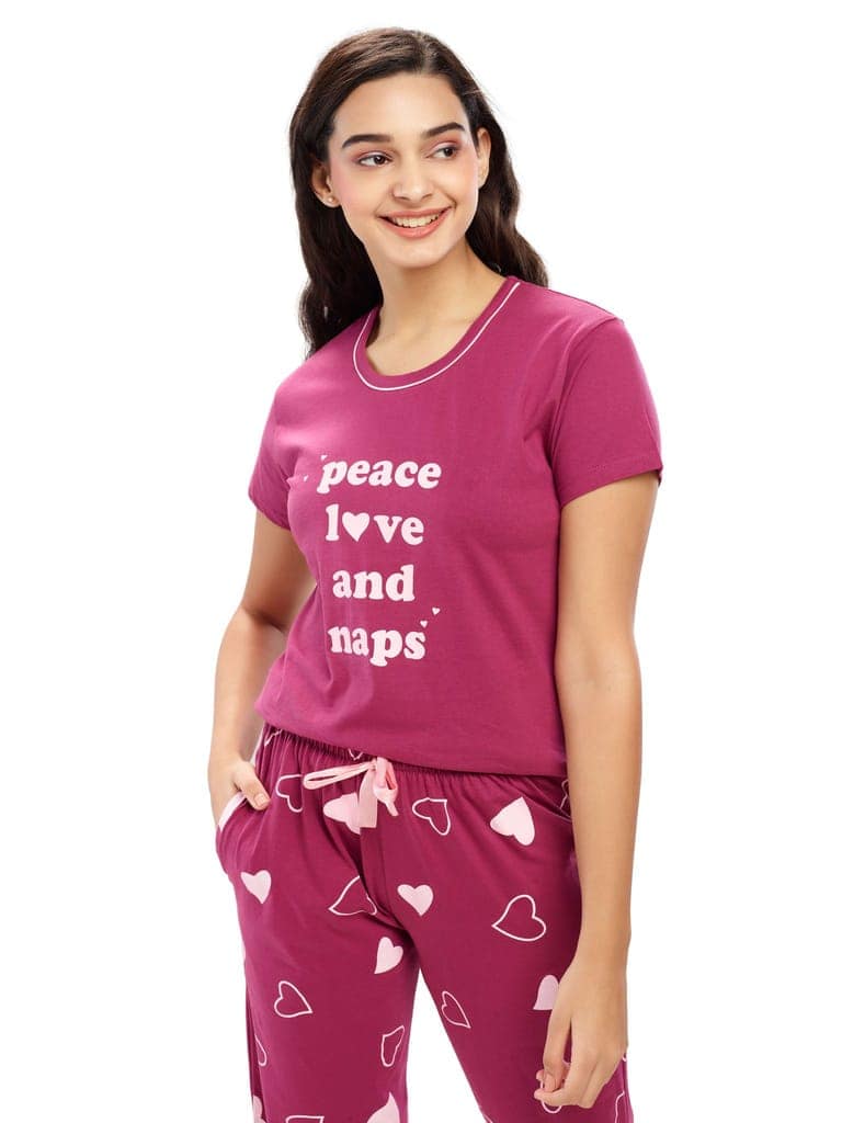 ZEYO Women's Cotton 3PCS Red Heart Printed Night suit set view 2