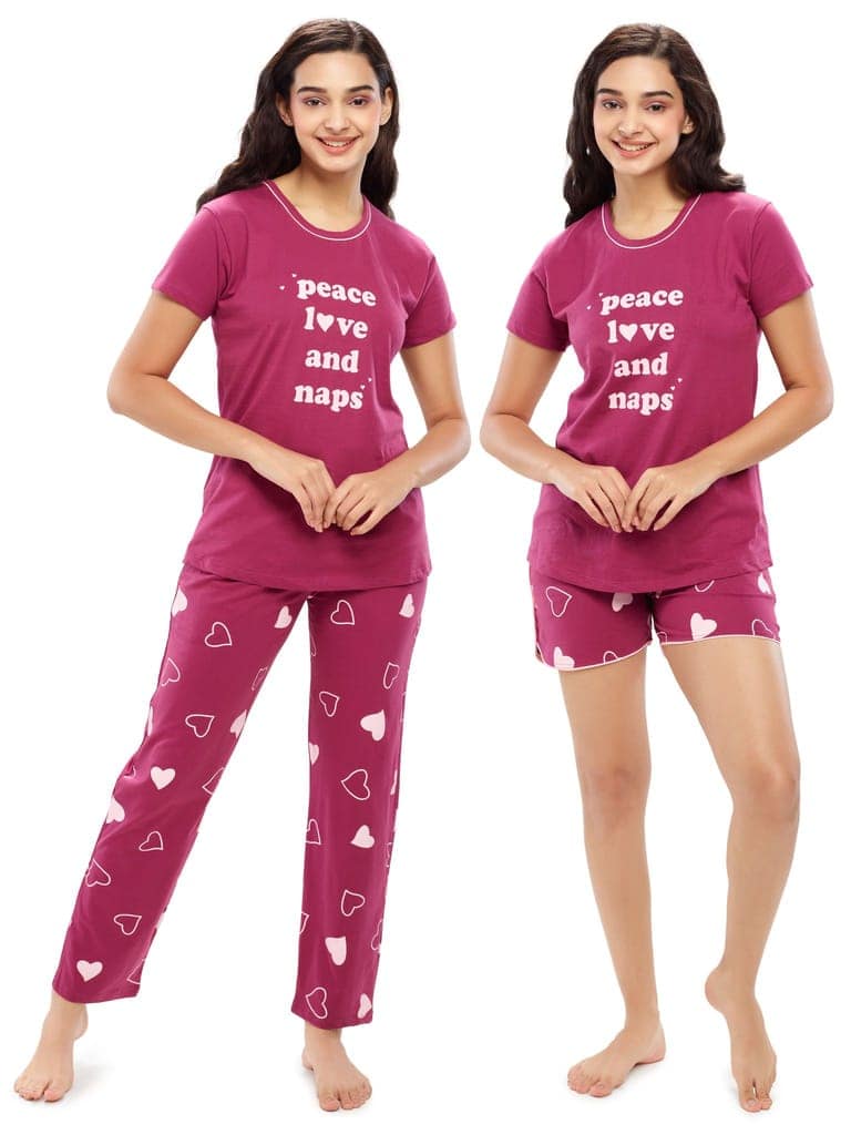 ZEYO Women's Cotton 3PCS Red Heart Printed Night suit set view 3
