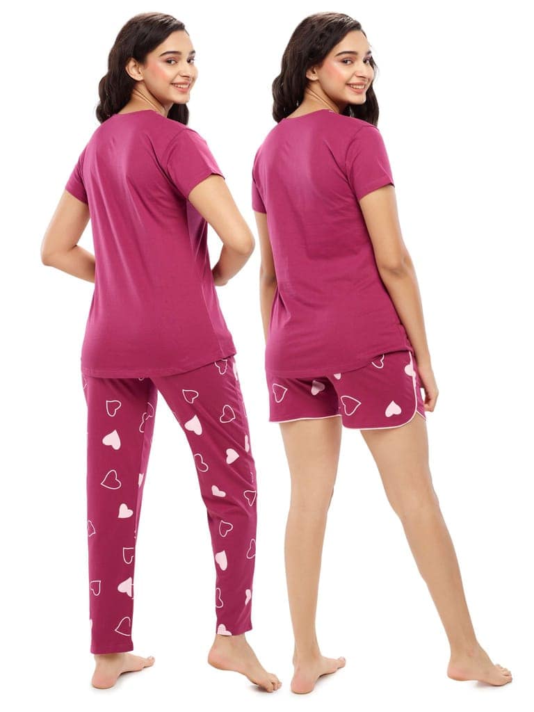 ZEYO Women's Cotton 3PCS Red Heart Printed Night suit set view 4