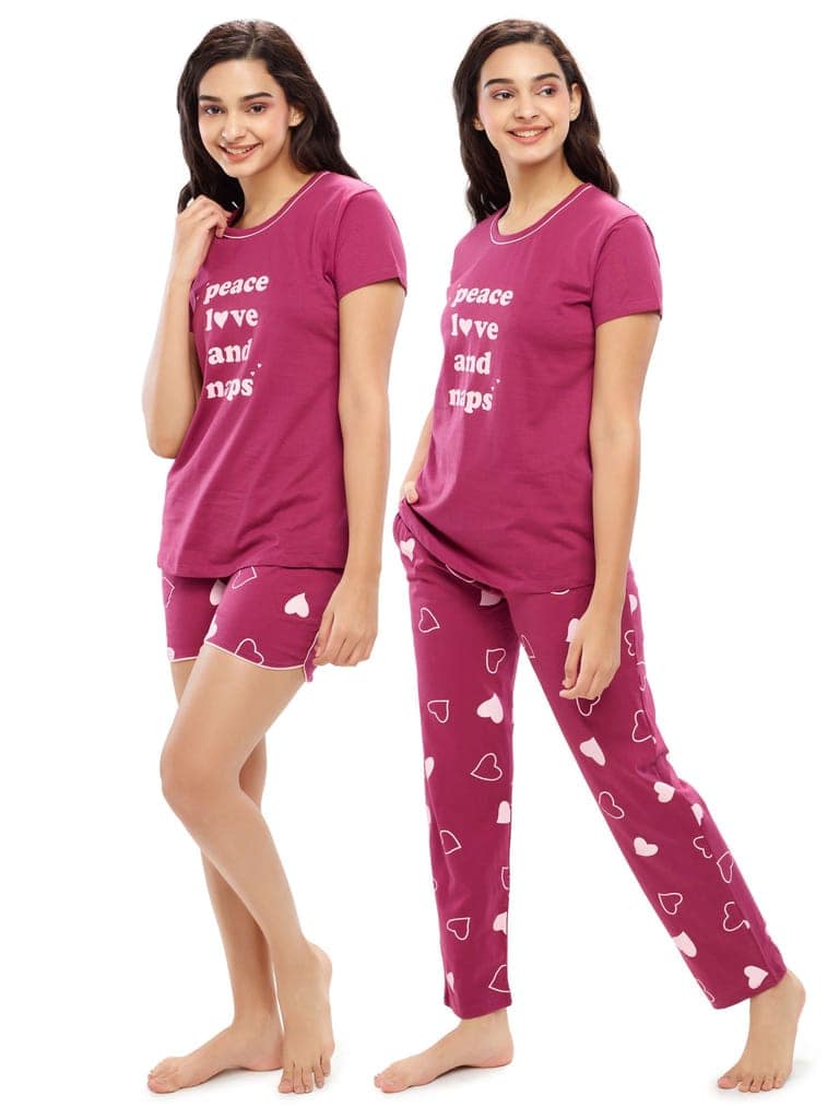 ZEYO Women's Cotton 3PCS Red Heart Printed Night suit set view 5