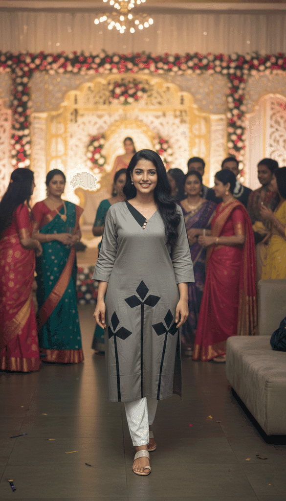 Women Pure Cotton Dark Grey A-Line Kurta with Black Applique | Daily Wear view 2