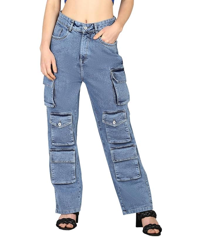 Glossia Fashion Women Cargo Jeans | High Waist Stretchable Loose Straight Fit Denim| Boyfriend Jeans for Women - Light Blue, 32