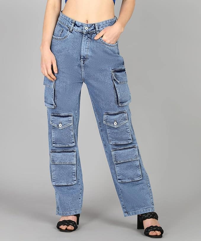 Glossia Fashion Women Cargo Jeans | High Waist Stretchable Loose Straight Fit Denim| Boyfriend Jeans for Women - Light Blue, 32 view 2