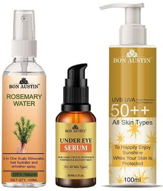 Bon Austin Rosemary Water | Hair Spray For Regrowth | Hair Growth Expert 100ml, Under Eye Serum 30ML & UVA & UVB Protection Sunscreen 100ml - Set of 3 Items