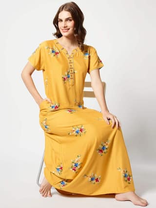Zeyo Women Rayon Brown Floral Embroidery Nighty