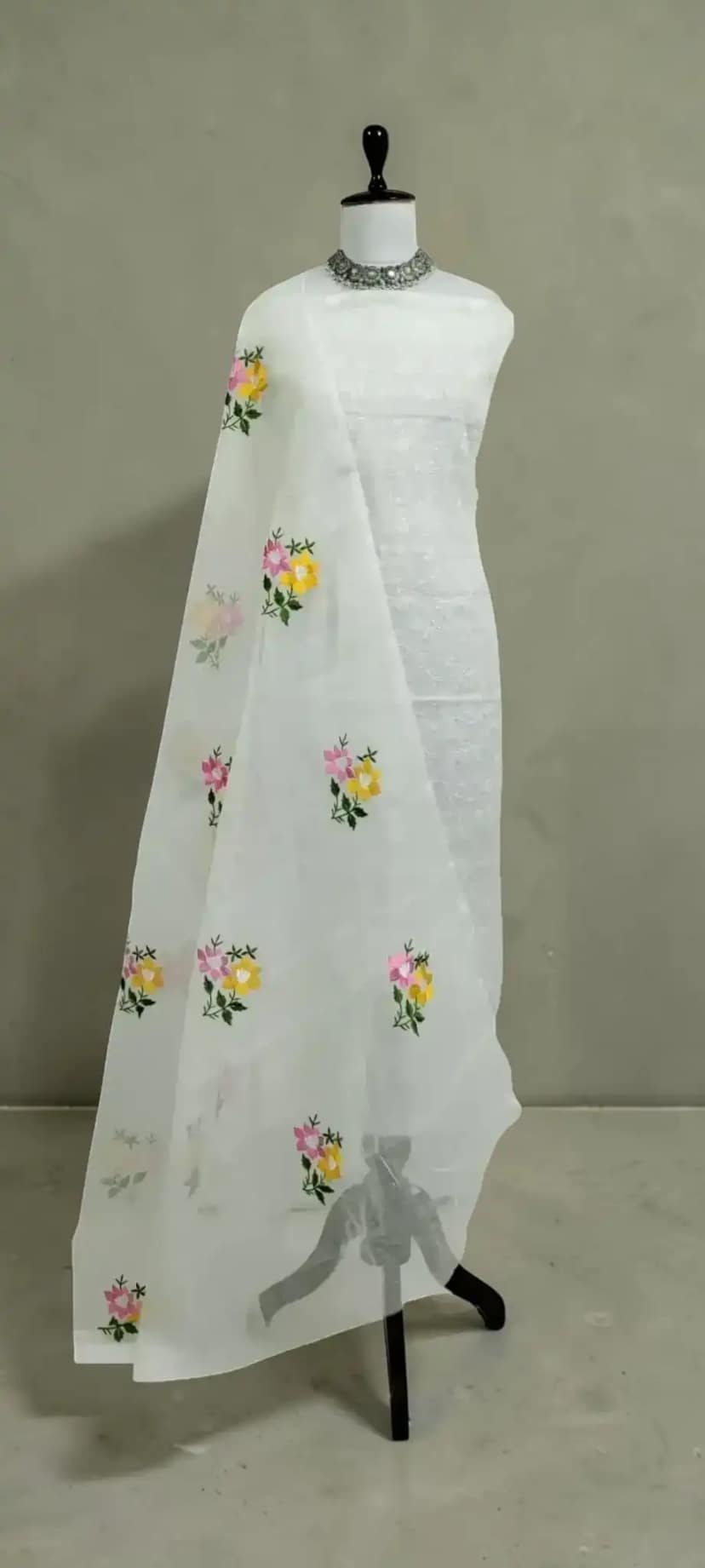 Kota Doria Dress Material with Hand-Embroidered Floral Jaal