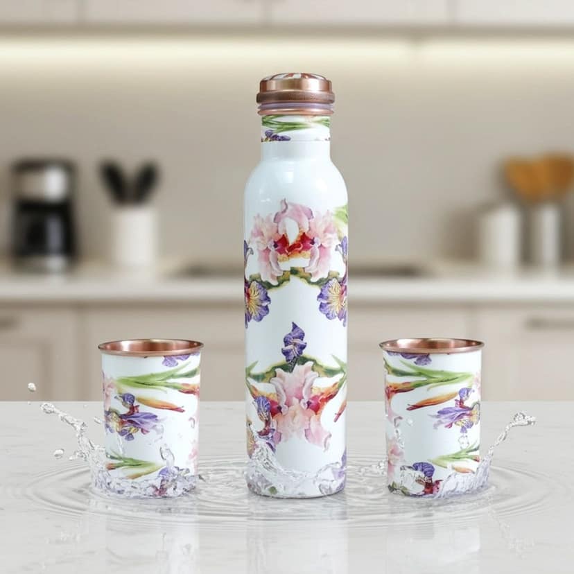 Copper Water Bottle Set with 2 Glasses | Premium Ayurvedic Drinkware , Height : 3.8 Inch (BCMAS146 A) view 2