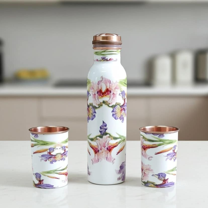 Copper Water Bottle Set with 2 Glasses | Premium Ayurvedic Drinkware , Height : 3.8 Inch (BCMAS146 A) view 3