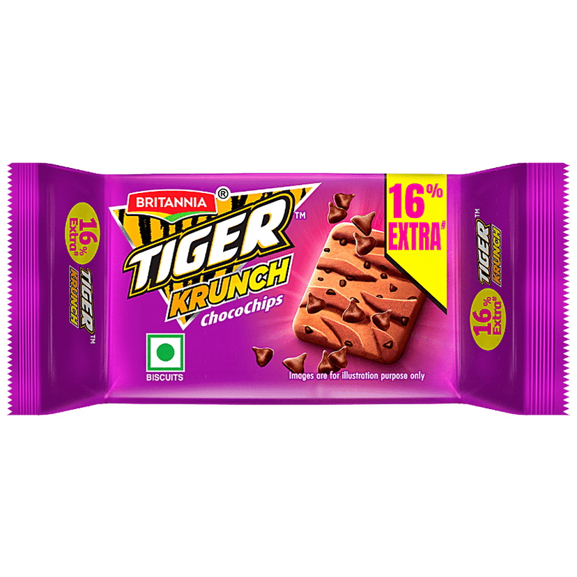 Britannia Tiger Krunch Chocochips Biscuit - Crunchy, Ready To Eat, 27 g (Get 16% Extra)