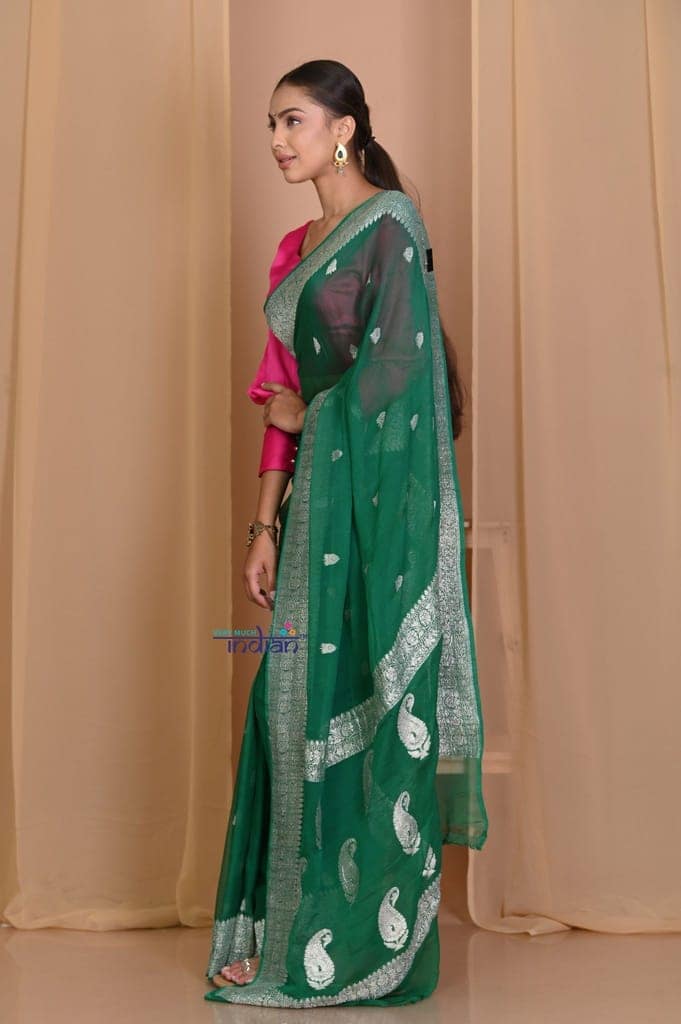 Pehal~ EXCLUSIVE! Pine Green Khaddi Georegette Saree view 2