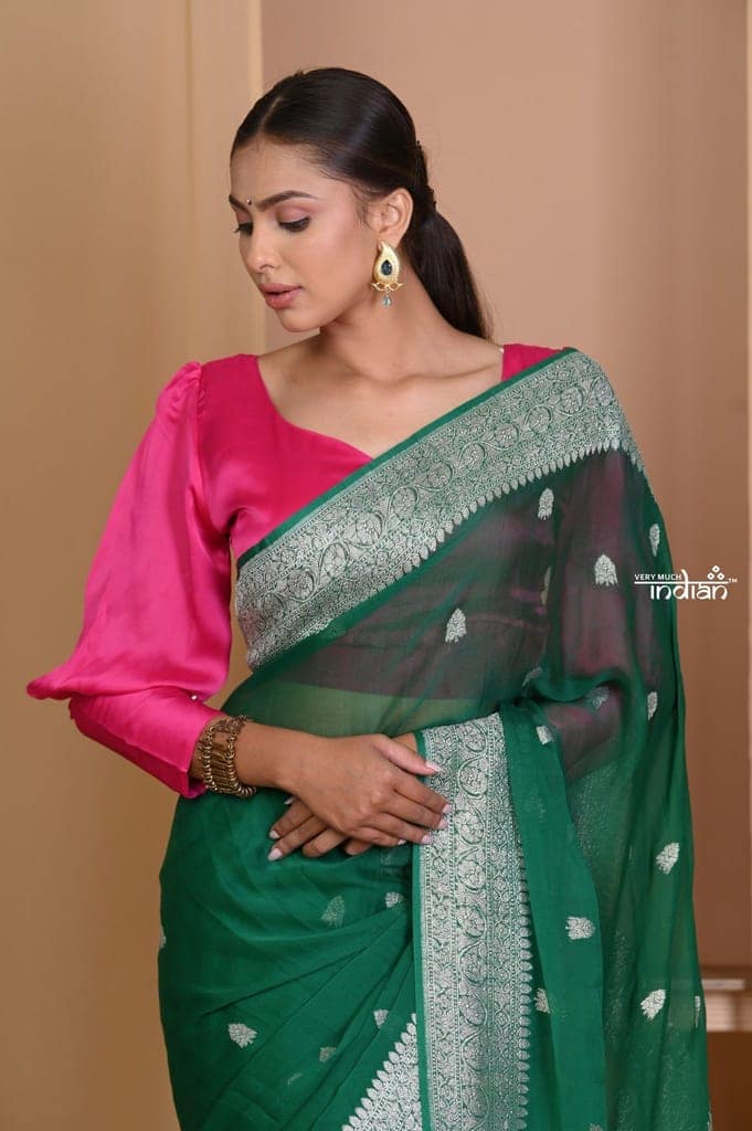 Pehal~ EXCLUSIVE! Pine Green Khaddi Georegette Saree view 5