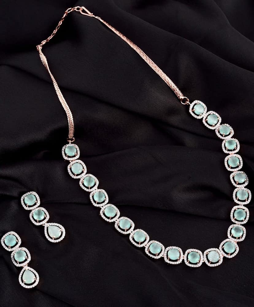 Turquoise Blue Solitaire studded Necklace Earrings for Women & Girls view 2