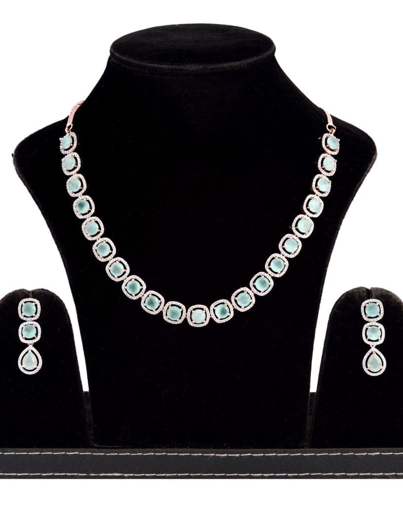 Turquoise Blue Solitaire studded Necklace Earrings for Women & Girls view 5
