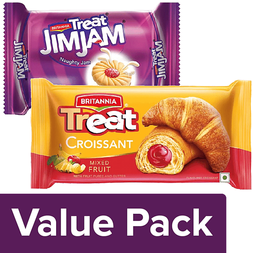 Britannia Treat Jim Jam Cream Biscuits 150 g + Treat Croissant - Mixed Fruit, Veg 47 g, Combo 2 Items