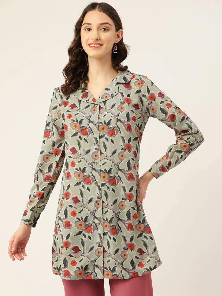 Floral Print Crepe Shirt Style Longline Top