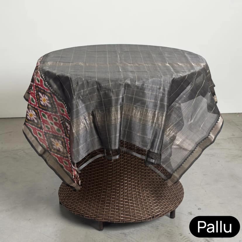 Charcoal Grey Mangalgiri Ikat Silk Saree, Temple Border view 4