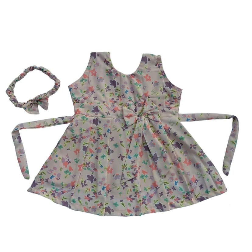 Mom and Me Girls Plain Colour Frock Dress with Flower & Matching Hair Belt | Sleeveless Crepe Fabric | Calf Length (in, Age, 12 Months, 18 Months, Peach)