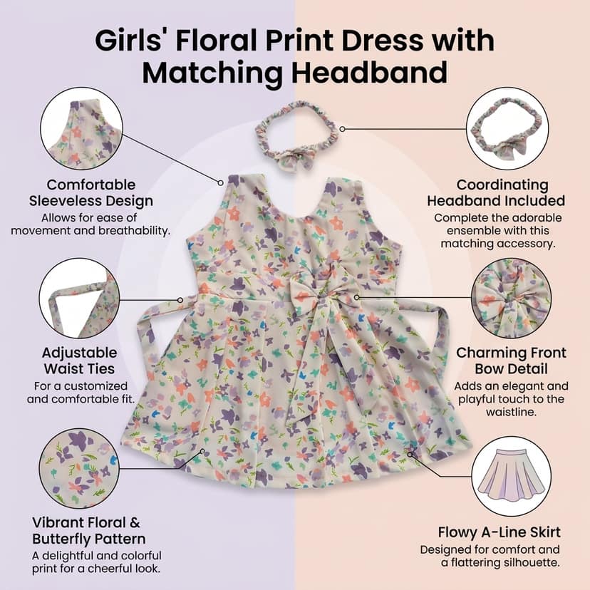 Mom and Me Girls Plain Colour Frock Dress with Flower & Matching Hair Belt | Sleeveless Crepe Fabric | Calf Length (in, Age, 12 Months, 18 Months, Peach) view 4