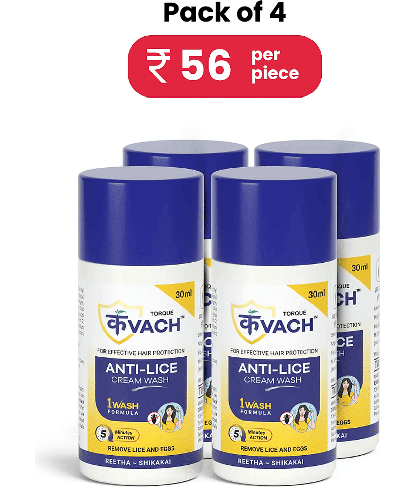 Torque kvach Anti Lice Cream Wash | Removes Lice and Nits |Made with Reetha & Shikakai 30 ml With Lice & Nits Remover Comb For Of 4