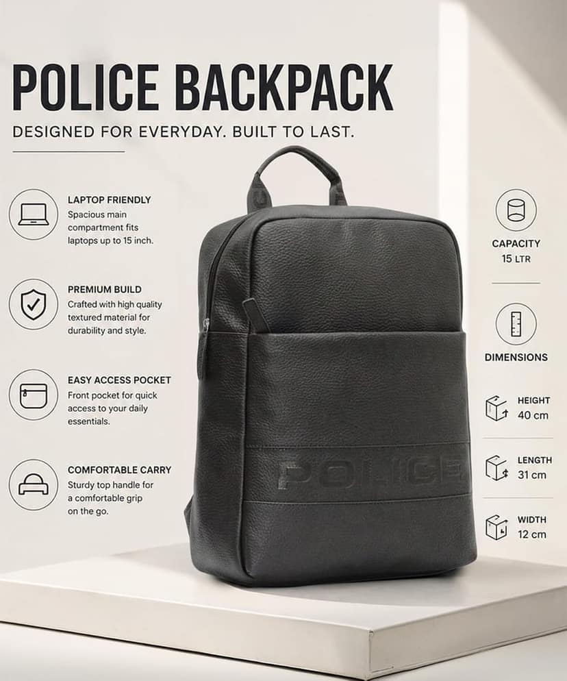 Police Premium Laptop Backpack for Men | Stylish Vegan Leather Backpack with Padded Laptop Compartment | Front Utility Pocket & Padded Shoulder Straps | Travel, Office & College Backpack | Black view 3