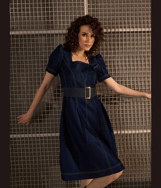 StyleStone Women Denim Solid A-line Dress ( Navy Blue )