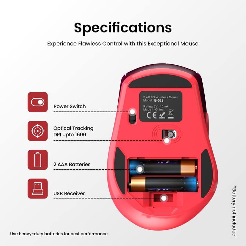 Portronics Toad 32 Wireless Mouse with 6 Buttons, 2.4 GHz Connectivity, 10m Working Range, Ergonomic Design, Adjustable Optical DPI, Auto Power Saving, for Laptop & PC (Red) view 2