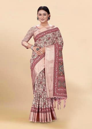Digital Printed Cotton Saree in Peach