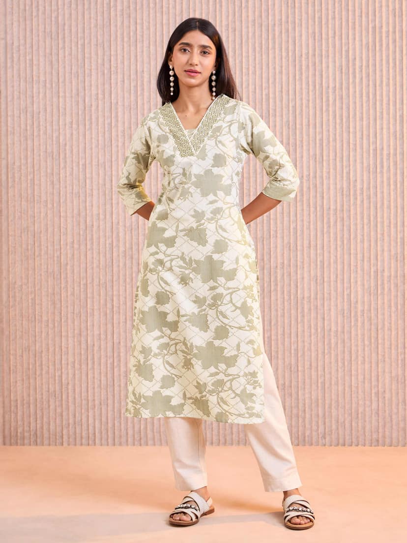 Ivory And Green Cotton Flax Foil Printed Kurti With Embroidery & Lace Detailing