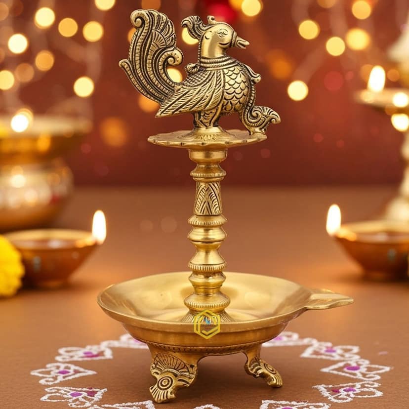 Brass Bird Oil Diya Stand Small Size - Compact Oil Lamp for Temple Use, Height : 12 Inch (BSMAS1207 A)