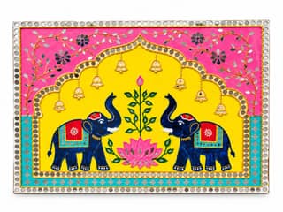 Ayodhya Lippan Art and Candle Store Traditional Indian Elephant Wall Art Panel with Lotus Design, Mirror Work & Golden Embellishments – Colorful Ethnic Home Décor