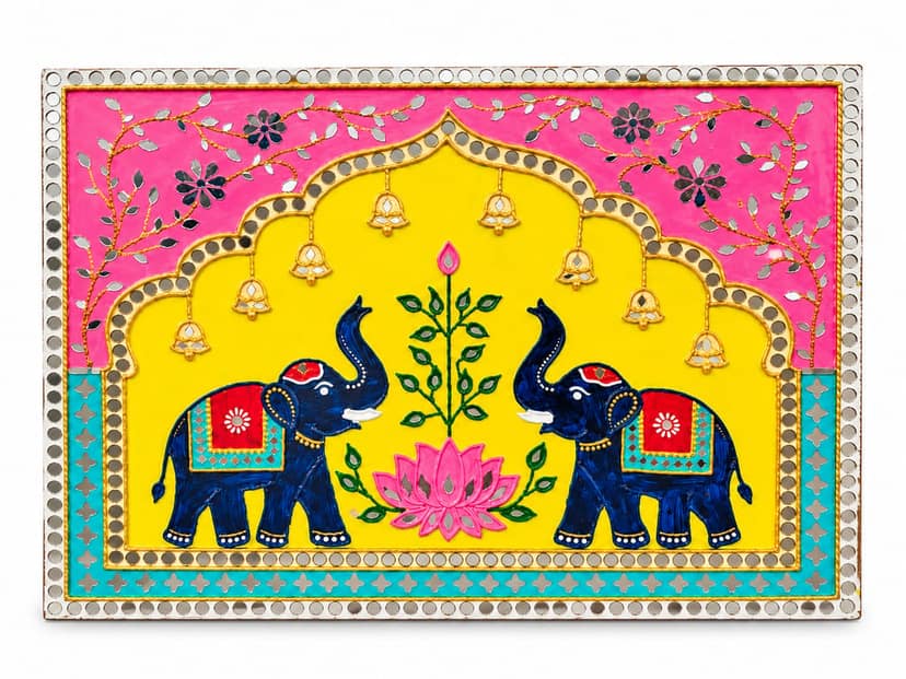 Ayodhya Lippan Art and Candle Store Traditional Indian Elephant Wall Art Panel with Lotus Design, Mirror Work & Golden Embellishments – Colorful Ethnic Home Décor