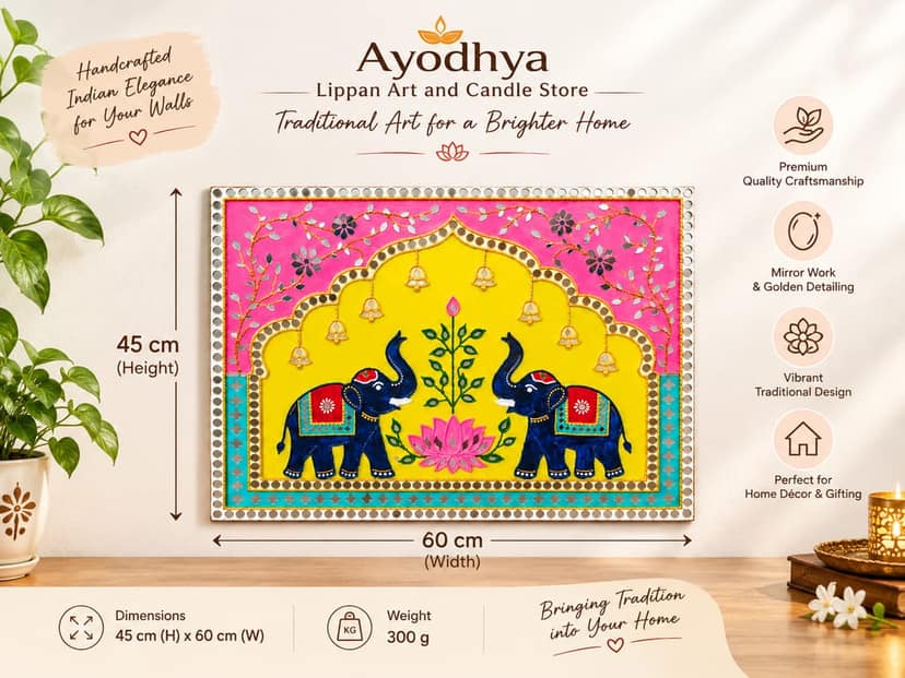 Ayodhya Lippan Art and Candle Store Traditional Indian Elephant Wall Art Panel with Lotus Design, Mirror Work & Golden Embellishments – Colorful Ethnic Home Décor view 2
