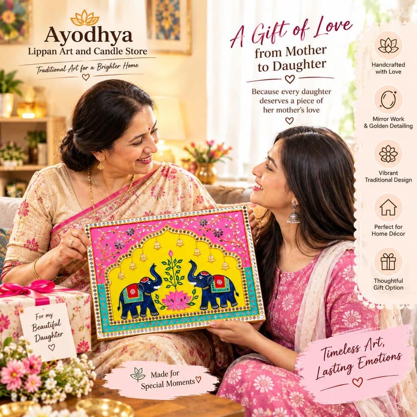 Ayodhya Lippan Art and Candle Store Traditional Indian Elephant Wall Art Panel with Lotus Design, Mirror Work & Golden Embellishments – Colorful Ethnic Home Décor view 3