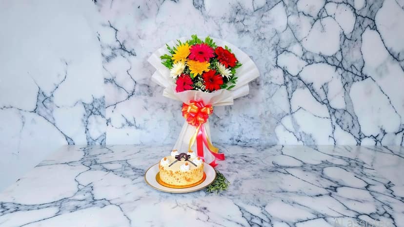 8 mix zerbera bouquet & 500gm butterscotch cake