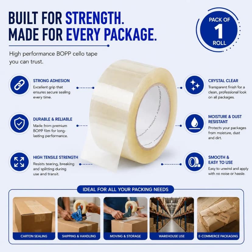 BOPP Cello Tape – 3 Inch x 150 Metre Transparent Packing Tape | Wide Heavy-Duty Tape | Single Roll view 4