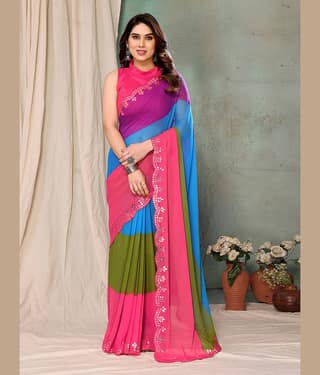 BLEESBURY Georgette Printed Saree With Unstitched Blouse Piece ( Multicolor )