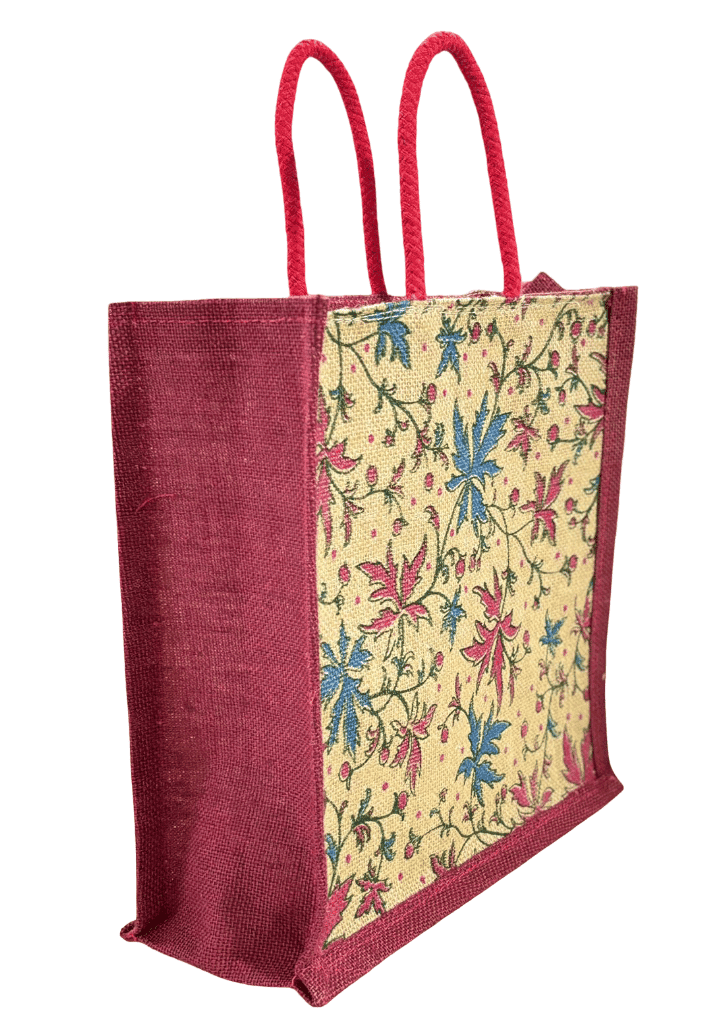 Eco-Friendly Floral Print Jute Bag with Red Handles | Reusable Shopping & Gift Tote (Medium)T view 2