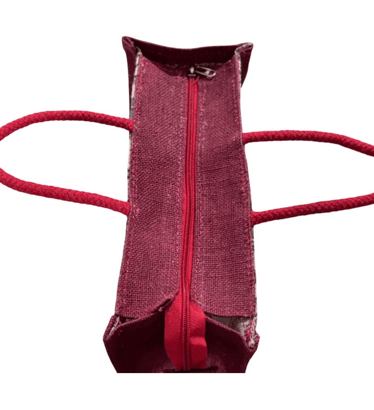 Eco-Friendly Floral Print Jute Bag with Red Handles | Reusable Shopping & Gift Tote (Medium)T view 3
