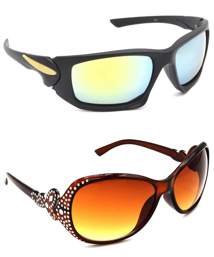 HRINKAR Unisex Sports Sunglasses Black & Silver Frame, Silver & Brown Lens (Medium) - Pack of 2