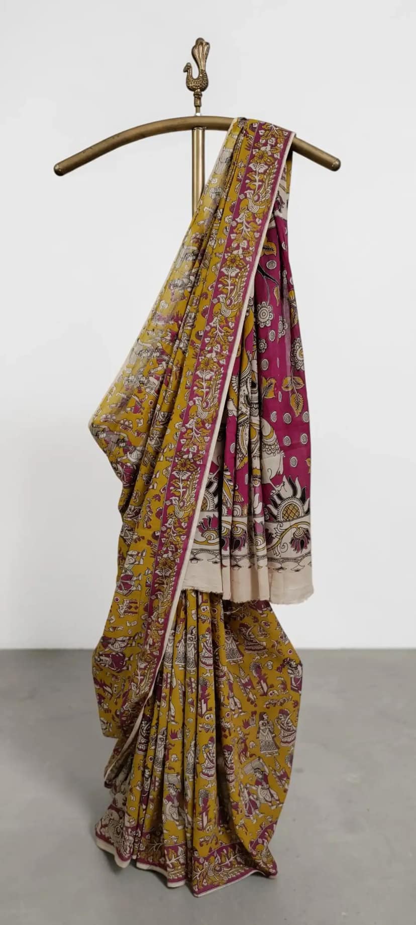Mustard Mulmul Cotton Kalamkari Saree with Magenta Pallu, Pedana view 3