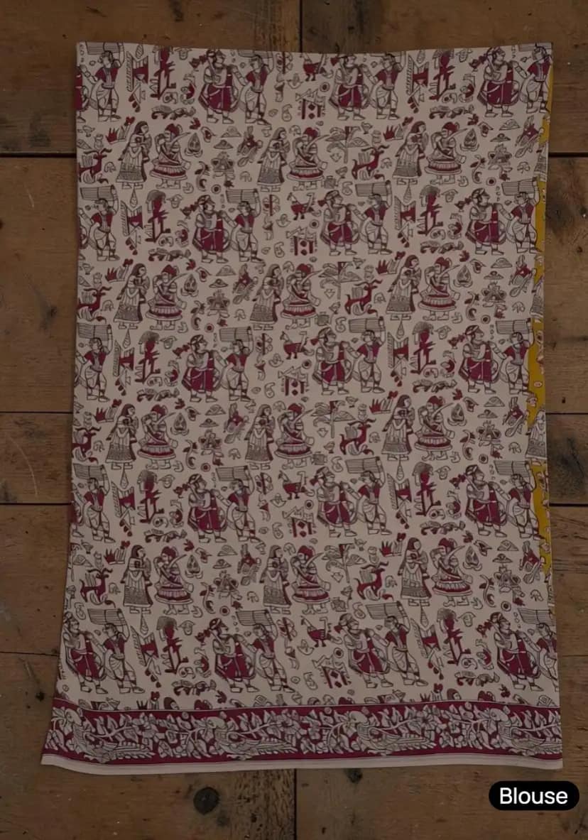 Mustard Mulmul Cotton Kalamkari Saree with Magenta Pallu, Pedana view 5