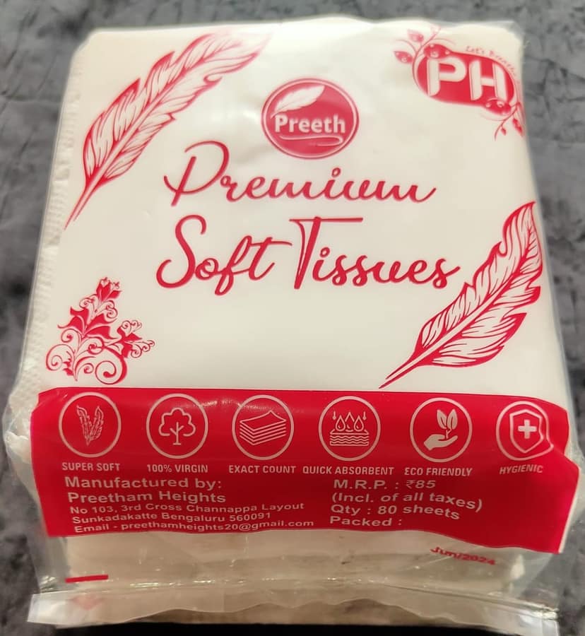 Preeth Premium Soft Tissue Papers for Home and Office, 80 Pulls -1 Ply, Size 27x 30cms -Ultra Soft & High Absorbent Pack Of 4, 320 Pulls (pack of 3) view 2