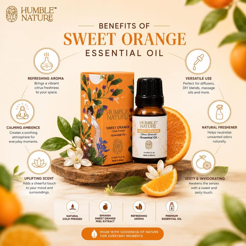 Humble Nature Sweet Orange Essential Oil 15 ml | Natural Cold Pressed Spanish Sweet Orange Peel Extract | Citrus Sinensis Oil for Diffuser, Aromatherapy, Massage, DIY Soap, Candle & Home Fragrance view 3