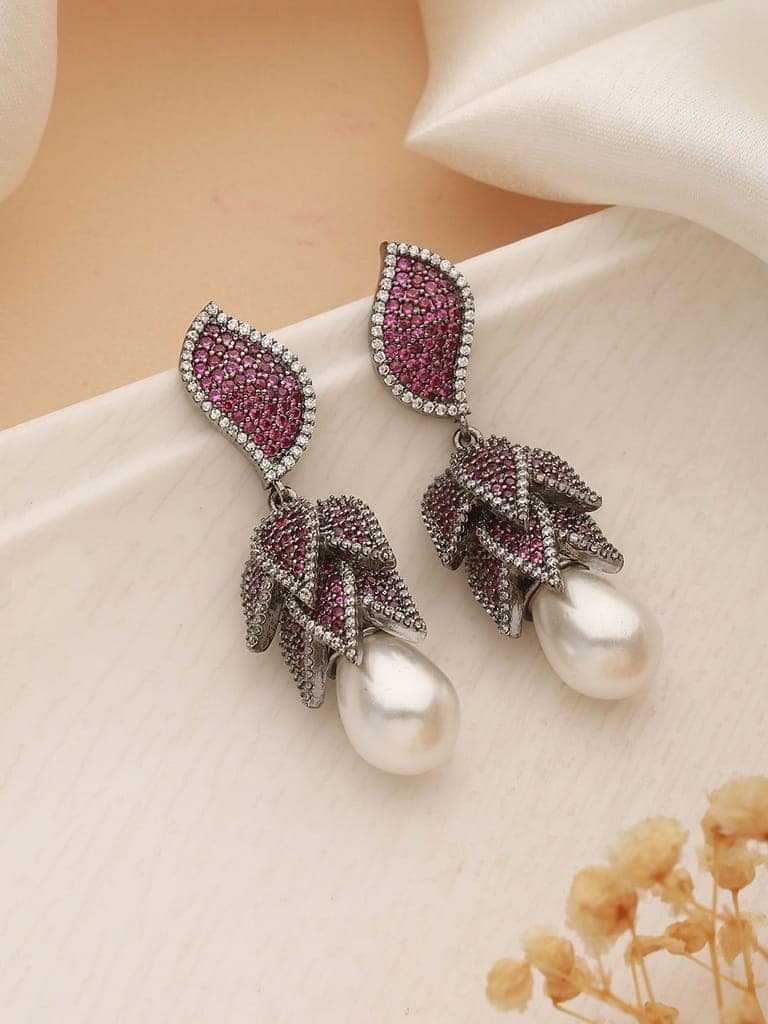 Silver Plated Red Cubic Zircon & Pearl Beaded Luxe Floral Dangler Earring view 2