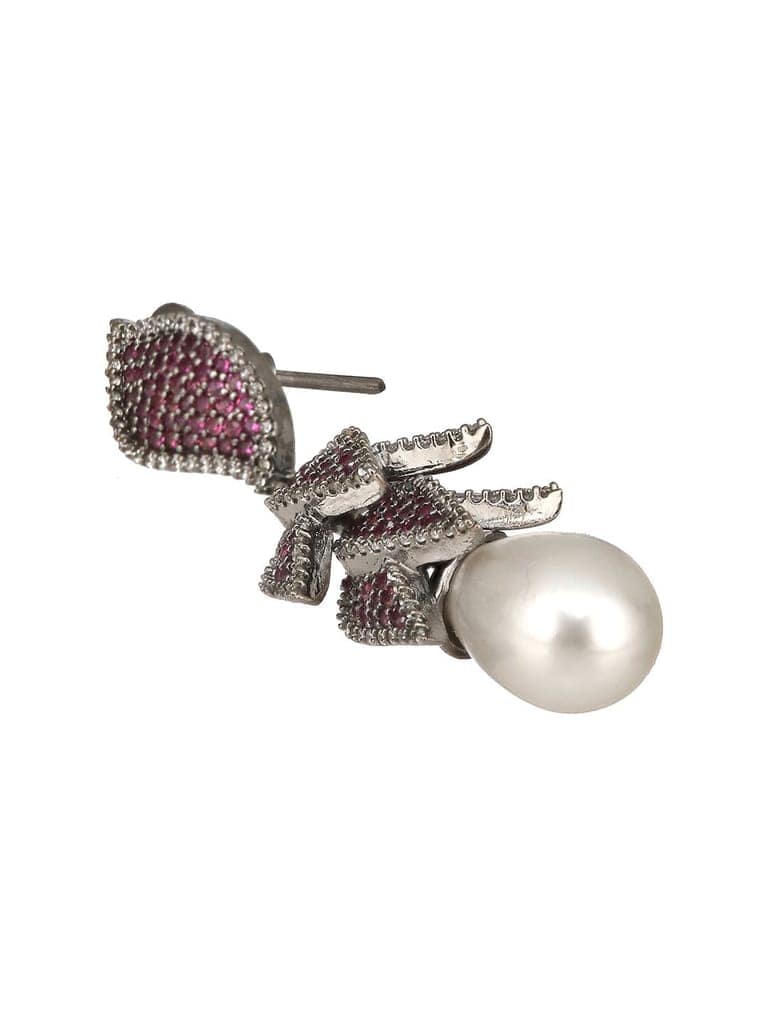 Silver Plated Red Cubic Zircon & Pearl Beaded Luxe Floral Dangler Earring view 6