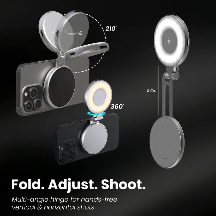 Portronics Oria Built-In Makeup Mirror & Phone Stand, Adjustable Brightness & Color Temperature, Multi-Angle, Includes Metal Ring, for Selfies, Video Calls & Reels - Silver view 2